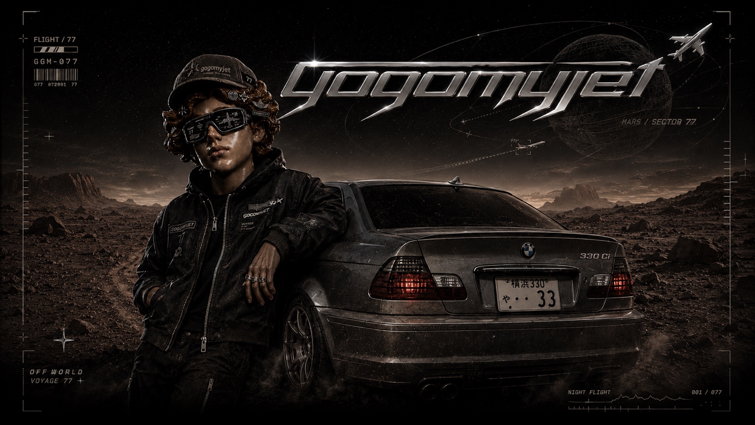 Gogomyjet in aviator glasses beside a BMW 330Ci on Mars, with a chrome gogomyjet jet logo and flight instruments above.